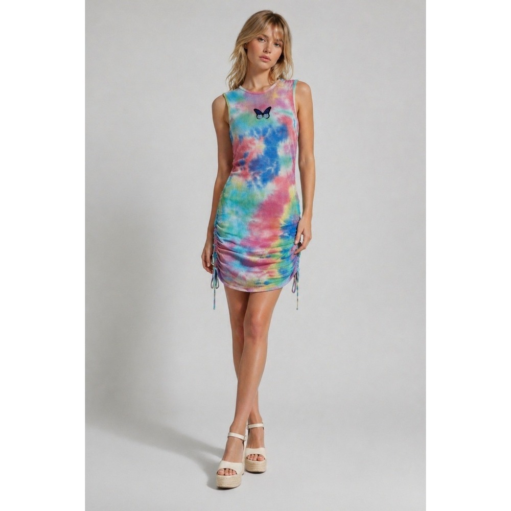 Vintage Y2K rue21 Tie Dye Butterfly Ribbed Mini Dress XS/S Skater Fairy Grunge